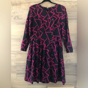 Pauline Trigere Vintage Geometric Patterned Black and Pink Dress Size 12